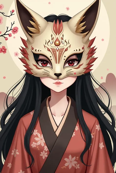 Draw me a 2D character of a Japanese girl wearing a Japanese fox mask