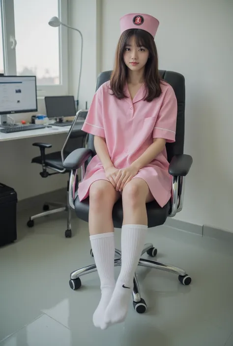 (   photorealism   :1.2),   Japanese、BEAUTIFUL NURSE WOMAN &#39;   Light pink nurse uniform、 thick white sock legs sitting in office chair  、    super realistic thick white socks 、 invisible fingertip type  。   white socks with Nike logo are beautiful。Tryi...