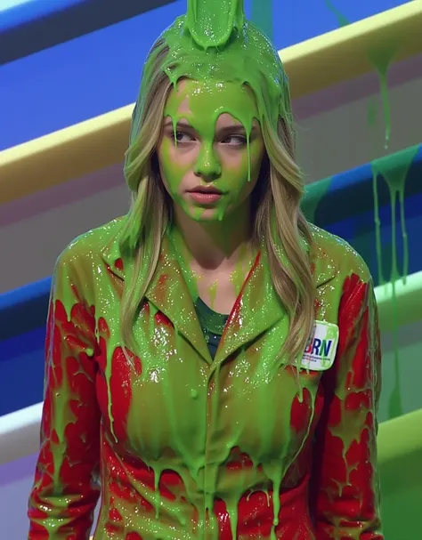 Top-down photograph of Swedish woman covered in green slime. hyper-realistic style. 8k. Photorealistic. Glistening slime. Green slime. Dripping slime. Raw photo. Swedish model. (Swedish girl: 1.1). F/1.4 aperture. 35mm. Red Jacket. Cleavage. Large breasts....