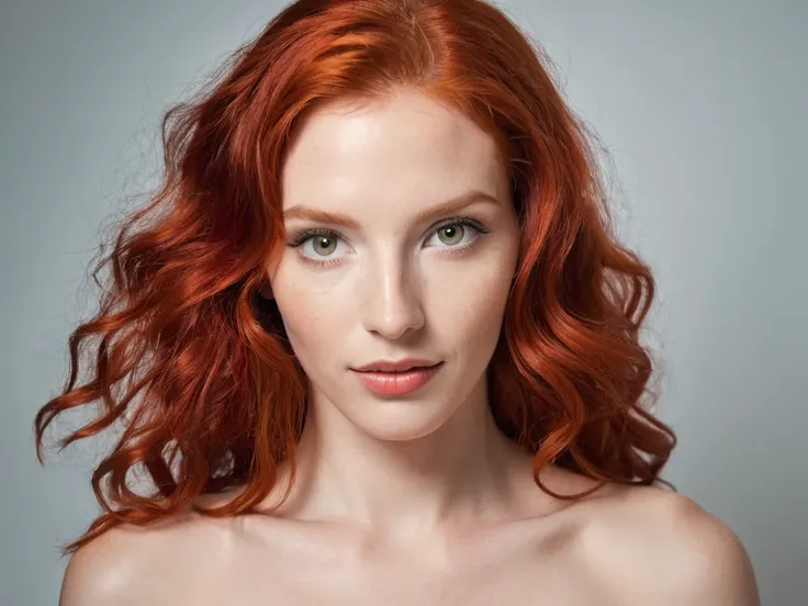 photo of a red hair woman, full natural body, perfect skin, perfection, natural, beautiful red eyes