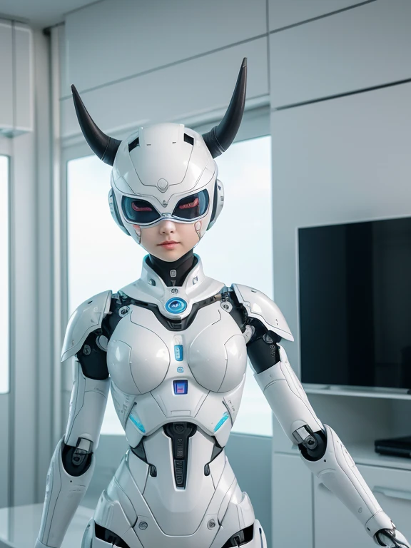 A robot Girl Only Eye Bull Toon, tweezers in hands, TV Head, A pin-sized head, camuflaje white oxidado, Super detailed dune environment, center, beautiful,  soft lighting , Character-centered,  4K resolution , Photorealistic rendering.