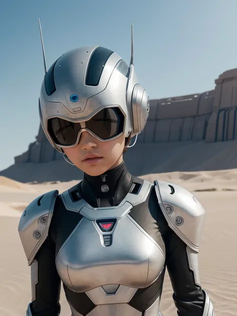 A robot Girl Only Eye Bull Toon, tweezers in hands, TV Head, A pin-sized head, camuflaje white oxidado, Super detailed dune environment, center, beautiful,  soft lighting , Character-centered,  4K resolution , Photorealistic rendering.