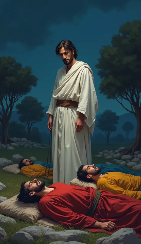 Create a white-skinned young man ,  hair down the middle of the neck , dark brown color and beard,  dressed in white robes biblical times style, standing looking disappointed at three men ,  tunics who are lying on the floor sleeping separately from each o...