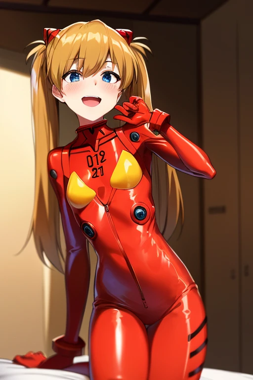 (( best quality)), ((masterpiece)), (be familiar with),  perfect face, indoor, bedroom,  viewer,
One woman,  Soryu Asuka Langley ,
 characters with open mouth ,  ecstatic expression with hands in front of body, blush, smile,
Small breasts,  flat chested, Y...