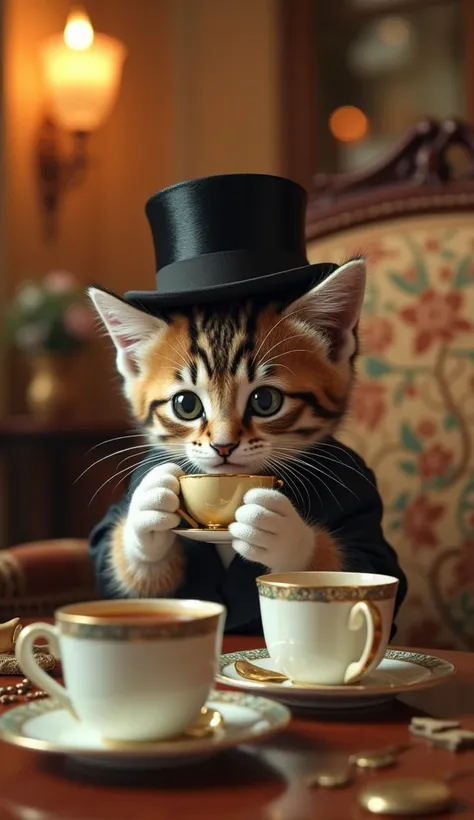 An ultra realistic and cinematic photo realistic image in vintage Hollywood, classic retro and art deco style, probably inspired by the 1920s to 1940s of a cute kitten drinking tea. The kitten wears a top hat, period clothes and gloves. Antique crockery an...