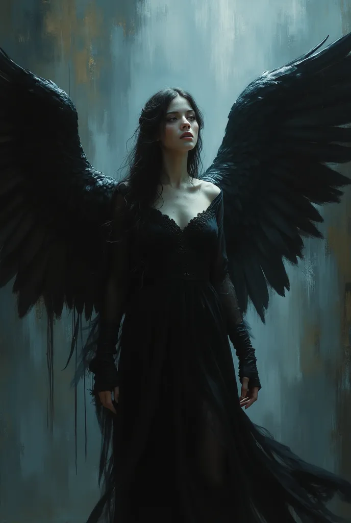 Angel of the darkness. Beautiful cinematic impressionist painting, Dark dramatic character, in the style of Jeremy Mann and Charles Dana Gibson, Mark Demsteder, Paul Hadley, artstation trend, sharp focus, studio photo, intricate details, high detail, Greg ...