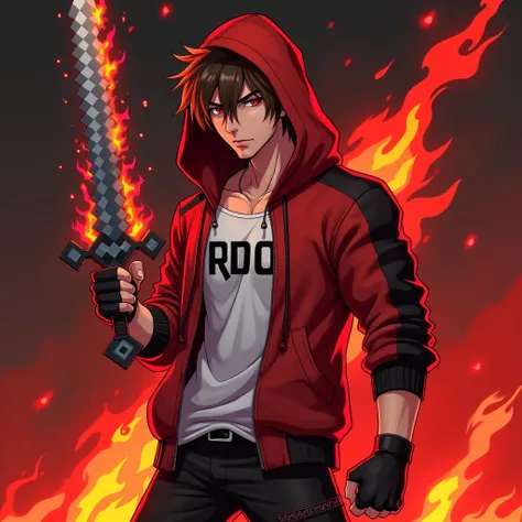 Create A badass adult Cool Muscular Anime character With flaming minecraft diamond sword in his hand. Character have brown hair, Red eyes,  He is Wearing white inner with black text "RDO" in middle and red open hoodie with little black gradient on neck sho...