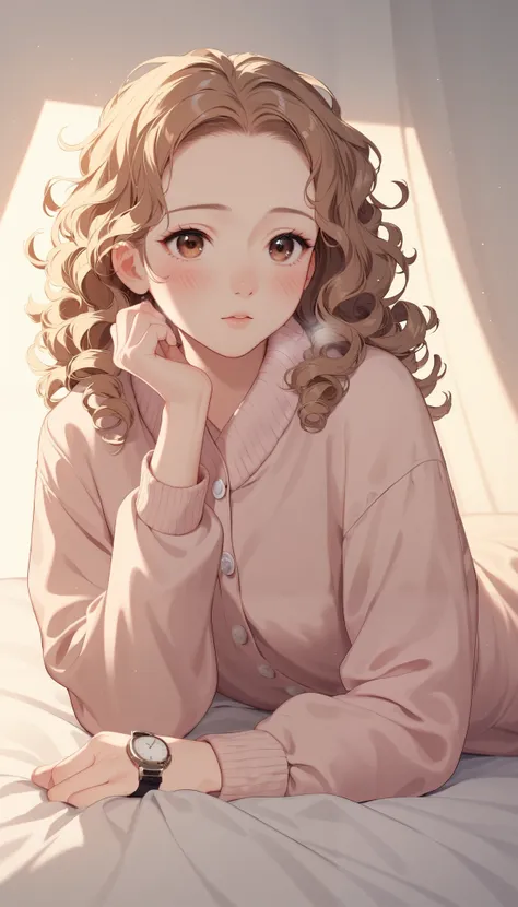 A girl, alone, young woman, brown curly hair, light brown eyes, slender but strong build, thick white winter coat (partially removed), smart watch, visible breathing, pink blouse peeking out from under winter coat, sitting on bed, interior of Arctic resear...