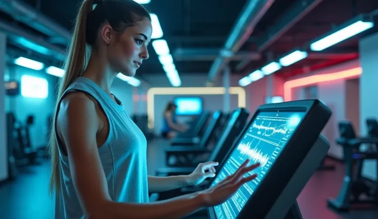 a young woman working out in a futuristic fitness center. She has a holographic instructor and she is wearing a solver futuristic sportswear. The fitness center is filled with next-generation fitness tech