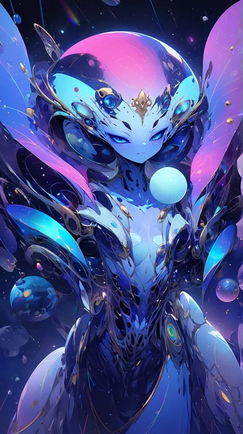 beautiful alien with blue skin with planets in beautiful colors