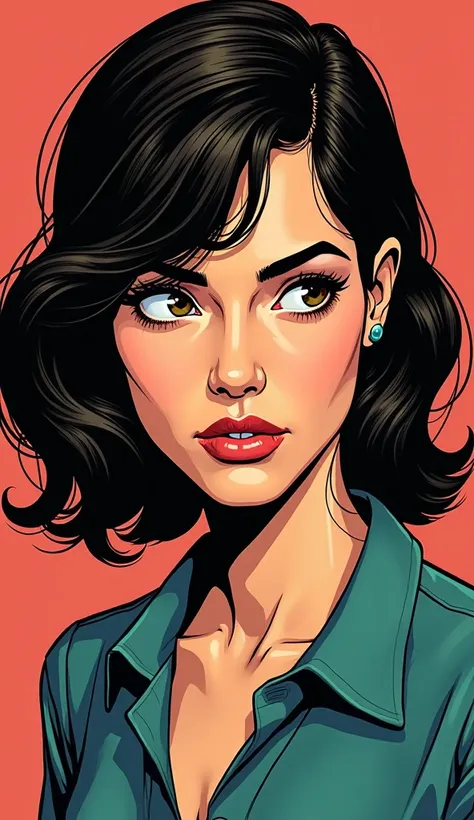 DISCREET image. with discreet clothes. adult image, american woman. 
 comic book style. She is serious and thoughtful. IMAGES WITH VIBRANT COLORS. FOCUS ON THE FACE.