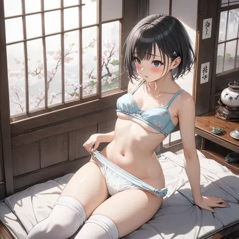 anime、One high school girl、Black Eye、shy、blush、 black hair、( short hair )、 nipple exposure、(Small breasts:1.5),(bra lift:1.5),training bra、( White Knee Socks:1.1)、(panty pull:1.5),( white panties :1.2)、beautiful thighs,Open kimono、on back,Japanese-style ro...