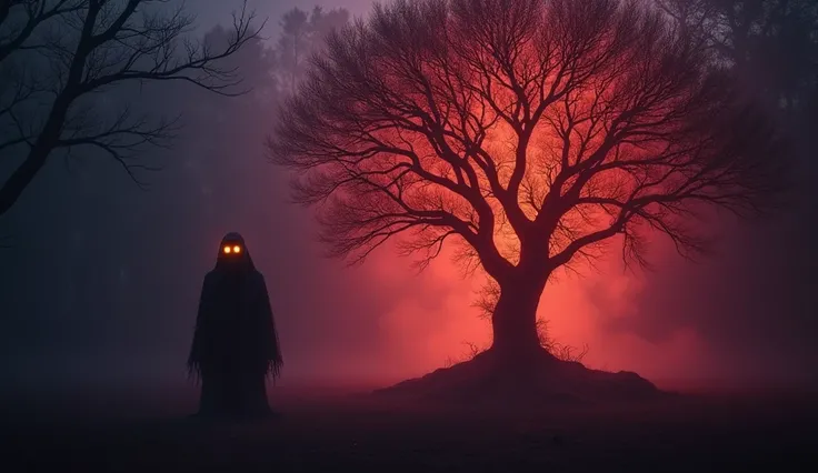 Create a mysterious and dramatic thumbnail for a YouTube video titled भूत वशीकरण मंत्र. Show a dark, eerie forest with a spooky, glowing Acacia tree at the center. Include a shadowy figure of a ghost with glowing eyes standing near the tree. The background...