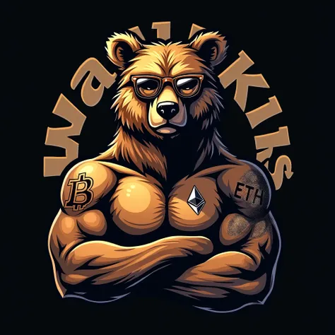 a logo of team ,  dark caramel bear wearing a brown eyeglass with brown lenses with a tattoo written Btc on his face, Broken heart in the chest and Eth in the arm , Wasakiks written in the image .