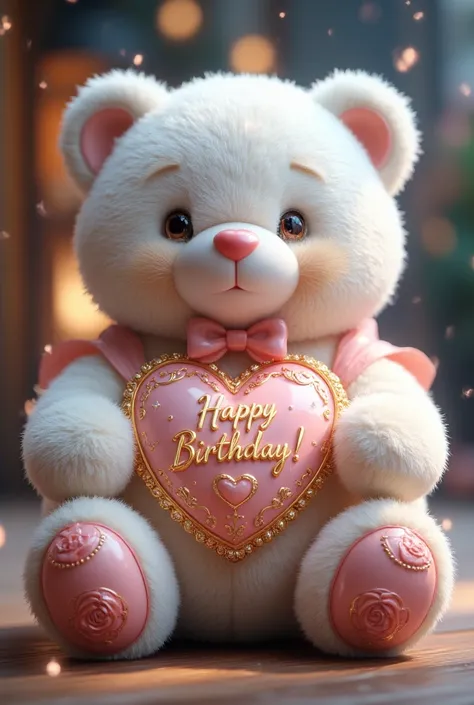 a captivating 3D render of an enchanting, anime-inspired teddy bear that exudes magical charm. The soft, white bear is adorned with a delicate rose theme, featuring a graceful heart pendant that bears the name "Happy Birtday!" in exquisitely detailed gold ...