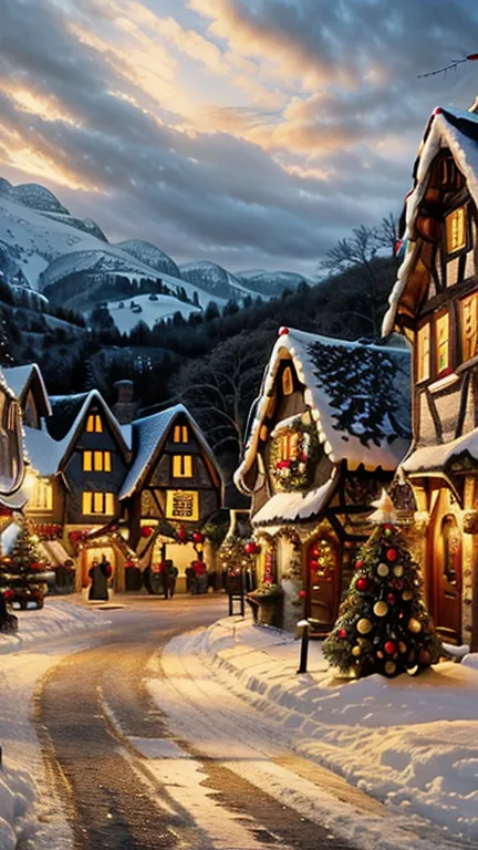 english village,  christmas eve, decorated , neve nas ruas, christmas landscape