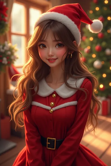 Beautiful young woman, smiling face, brown hair, wearing a Santa Cruz hat, wearing a red Santa Cross dress คอปกเสื้อเป็นขนสีขาว, ยืนอยู่ in a Christmas atmosphere.