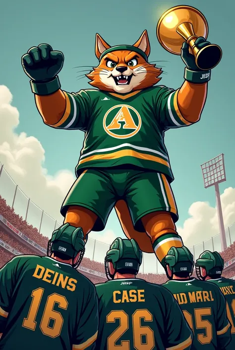 make an image of a tan wildcat maskot for alpena the main colors are green and white and black the maskot is in hockey gear holding a massive golden trophy standing on top of the rival team whos beat gaylord devils whos colors are dark blue and yellow 