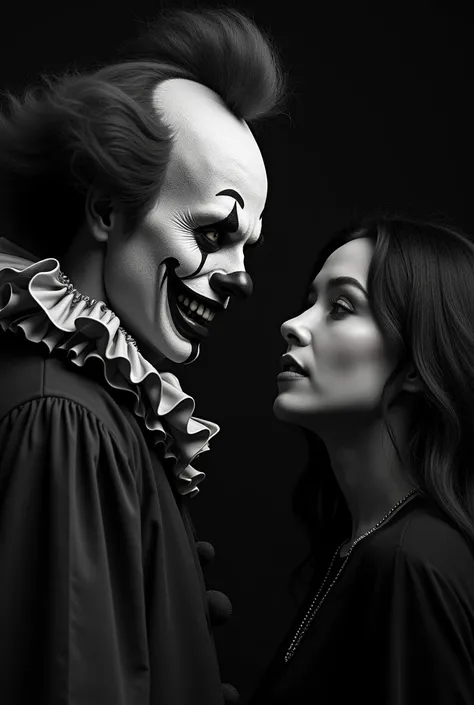  A creepy clown , woman,  q is 32 years old , with 
meters 1 ,90 tall, with an evil smile, with black and white photo and with profile photo format