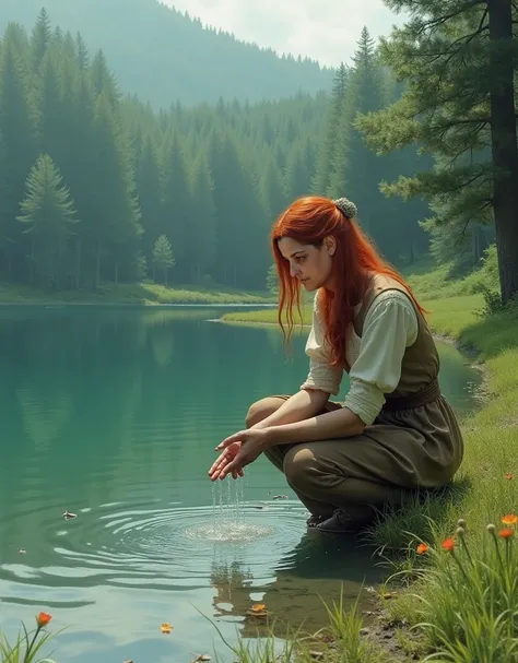 Woman with red hair, In a peasant dress ,  kneeling washing her hands in clear water at the edge of a large shallow lake in a meadow surrounded by forest she sees bones underwater