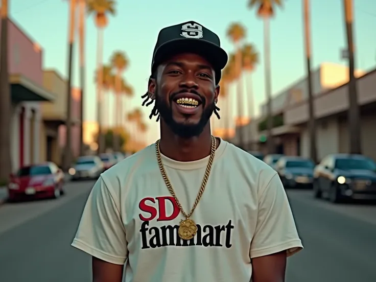 real hip hop rapper with t shirt that says S D fammart, gold grill teeth at the california street