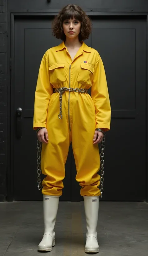 a realistic french girl with curly short brown hair ,and fringe haircut, arrested handcuffed and belly chained with chains in a tv stage. shes wearing a zipped yellow prison jumpsuit, white Hunter rubber boot, Shes interogated  by a policewoman wearing a l...