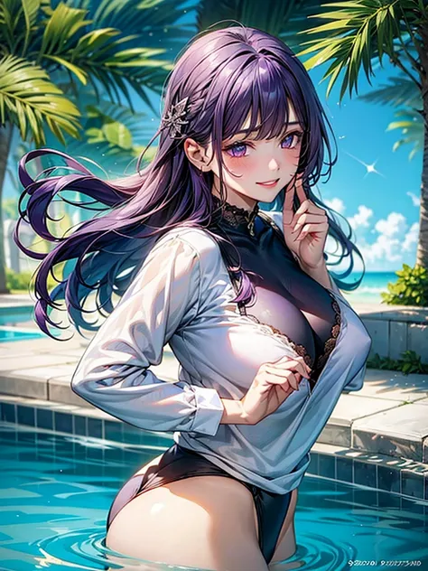 Face close-up、 1 girl,  Short Bang ,  wide sleeve,  hair ornament , swimsuit、( purple hair:1.2),  Very Long Hair ,   straight hair,  Looking at the Audience ,  extremely detailed background of a mature woman, (Realistic:1.2),   beautiful eyes ,  red eyesha...