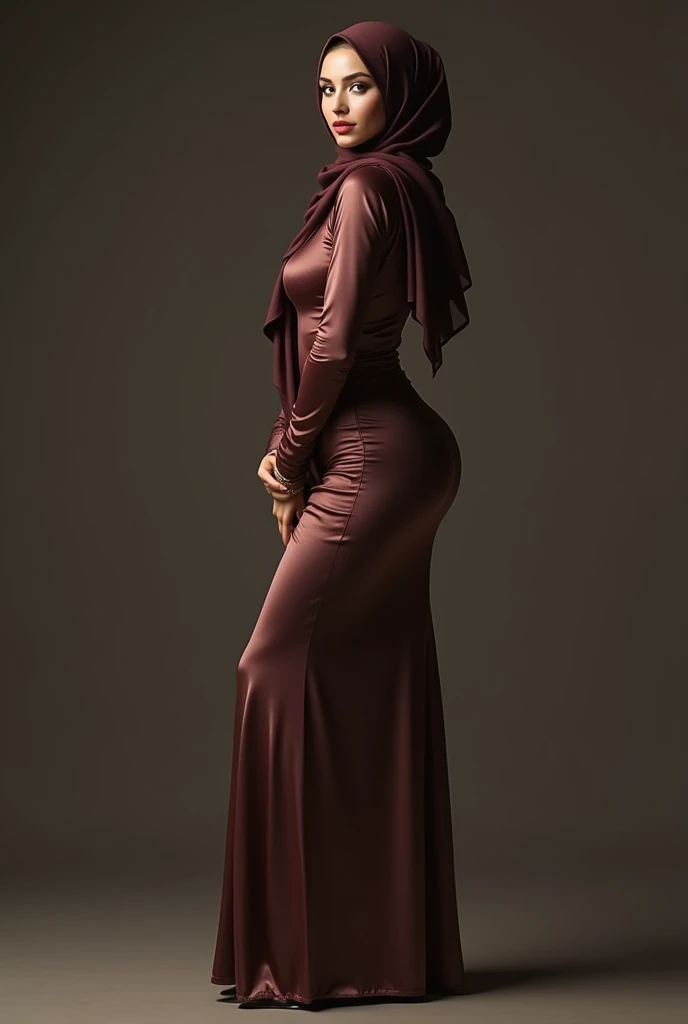 hijabis solo with tight satin dress and full body sexy pose