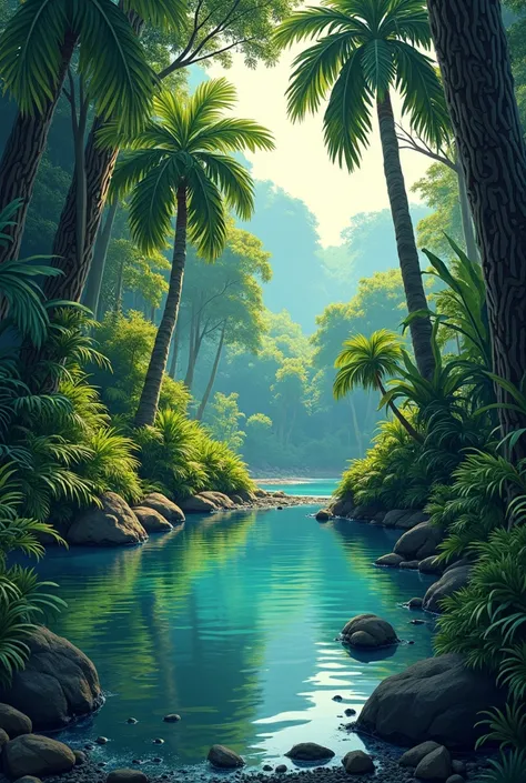 Close-up of a Colombian forest with a small lagoon, Drawing style