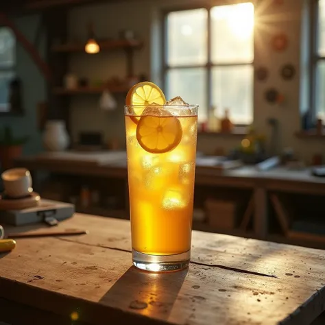 Iced lemon tea cold and fresh on the workshop table with back ground workshop atmosphere in the afternoon