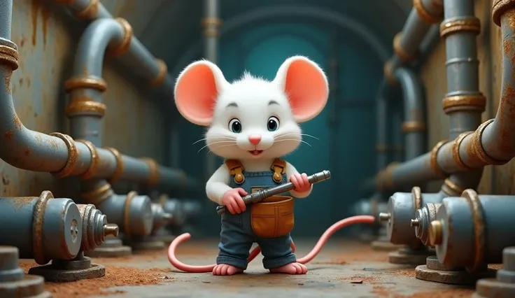 a white mouse is fixing the pipes, the environment is underground, 3d cartoon-like graphic style