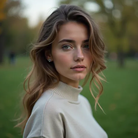 beautiful girl, european appearance, in a sweatshirt to the neck, photo to the waist, park in the background