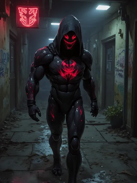 In the dim light of a crumbling alley near a dilapidated train station, the Shadow-Stalker emerges from the shadows. Their sleek, black armor with streaks of red gleams faintly, adorned with a painted gang symbol with red and black colors. The symbol is a ...