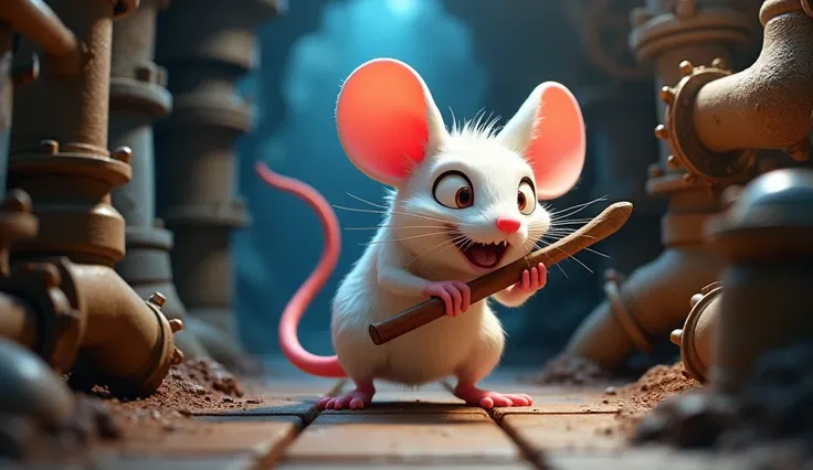 a white crazy mouse is fixing the pipes, the environment is underground, 3d cartoon-like graphic style