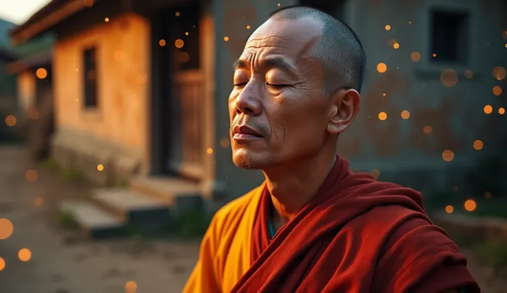 close-up buddhist monk meditating clear facial features, bright colors, light particles, with bright light, Mushhiv, wallpaper art, UHD wallpapers, vivid atmosphere, near an old house, village