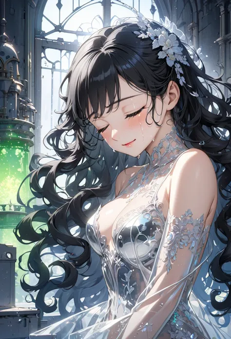 (beautiful and delicate) (Spectacular views illustration), (in a silver Transparent clothing), break, (solo, age 15) (delicate curly vivid black hair), (best beauty long hair), (beautiful and sexy closed eyes with tears:1.5) (best beautiful angel girl), ((...