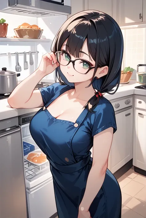 Girl with black hair, glasses, kitchen, refrigerator, opening the refrigerator and looking inside