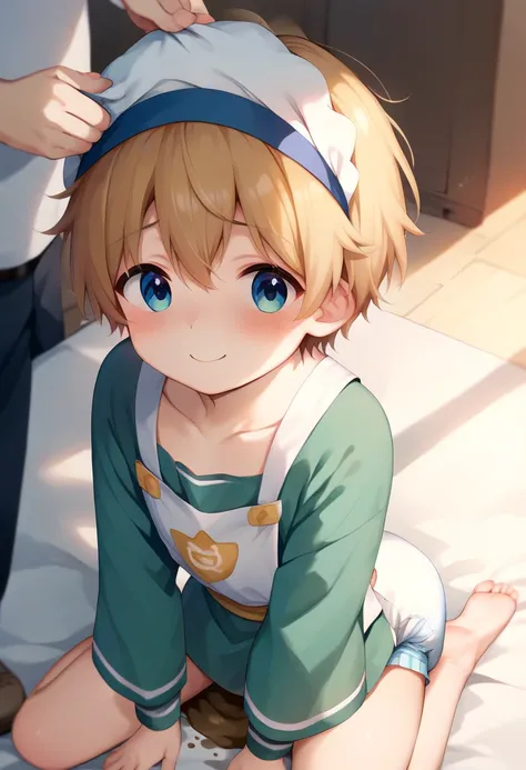 小さな boysがおむつ姿で部屋の中を徘徊、 is requesting a diaper change 、I attached a bib、( )(Diapers with cute pictures)。Add( boys) diapers are swollen from pee and poop 、 with a bib attached 