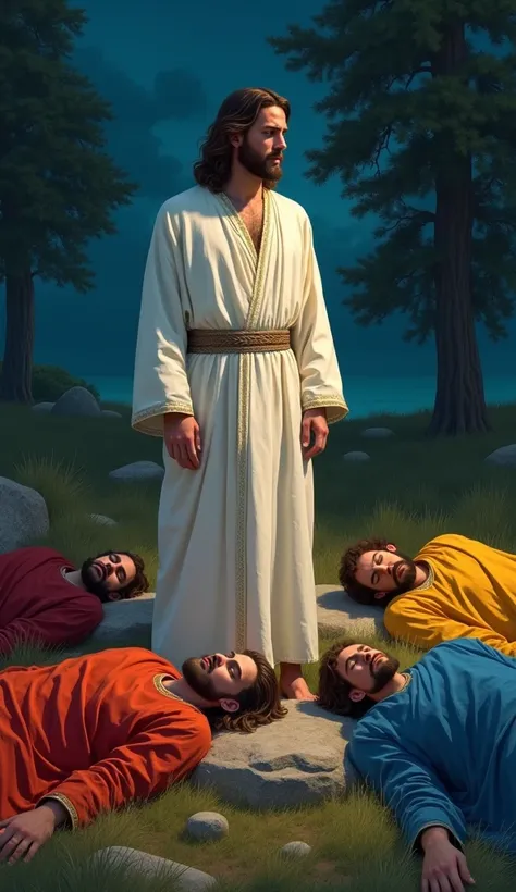 Create a white-skinned young man ,  hair down the middle of the neck , dark brown color and beard,  dressed in white robes biblical times style, standing looking disappointed at three men ,  that are lying on the floor sleeping separately from each other, ...