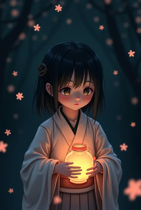 create a japanese, young girl, that has hidden in the light, her small lantern glowing in the dark.