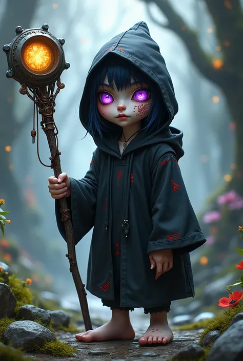 gnome, all black hair, red marks on the body,white pele,purple eyes,has no beard,and thin,Has a black hoodie , fantasy world, has a technological staff , adult 