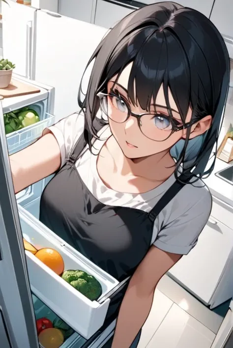 Girl with black hair, glasses, kitchen, refrigerator, opening the refrigerator and looking inside