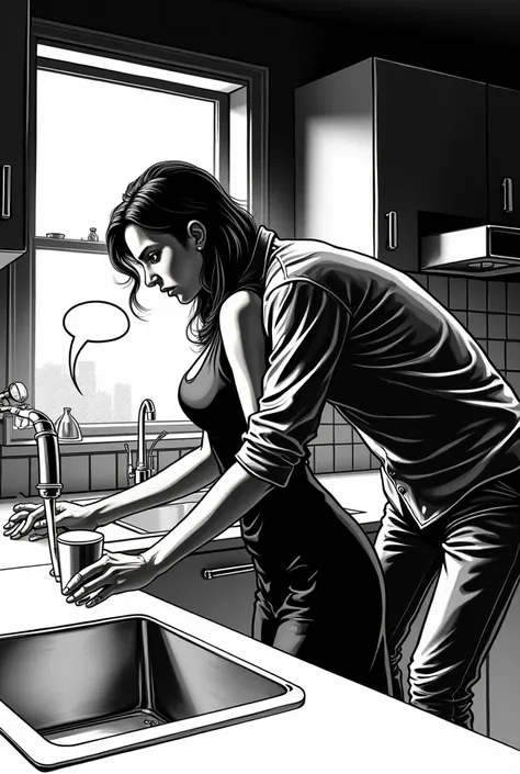 "A black-and-white comic-styleA woman is in the kitchen, filling a cup with water from the sink, but the man is standing behind her, grabbing her by the arm and pulling her away, causing the water to be half-filled. The communication icon shows a speech bu...