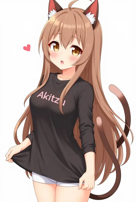  a girl,  Anime art design , long hair ,  looking at the spectator , blush, fringe,  Brown hair small reddish touches ,  brown with small reddish touches just like his hair , eyes the same color as his hair and ears and tail , long black shirt, beautiful t...