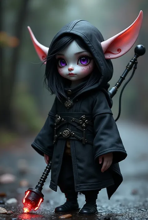 gnome, all black hair, red marks on the body,white pele,purple eyes,has no beard,and thin,Has a black hoodie , fantasy world, has a technological staff , adult version , one meter and 40 tall 