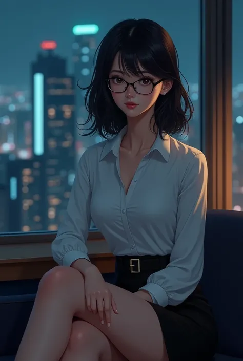  Japanese woman with a viewing angle of、 slender figure、 beautiful skin in NFSW、whole body、 best quality、 ultra high resolution with forest background、 beautiful and elaborate face、 fine and beautiful skin、 skin texture、 black hair、Glasses、 white shirt、 mi...