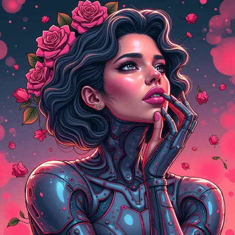 (masterpiece:1.2),(Highest quality),(Super detailed),(Ultra-high resolution),(Best illustrations),8k,wallpaper,Beautiful female cyborg,whole body,psychedelic,Vector art,Layered textures,progressive,pop,sf,cyber punk,Super sexy:2.0 morena,rosas,calcinha da ...