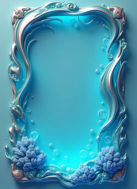 Create a 3D stylized card frame for a water-themed character with a sleek, fluid structure that complements the characters aquatic design. The frame should be smooth and flowing, using deep blues, seafoam greens, and shimmering silver shades with glowing w...