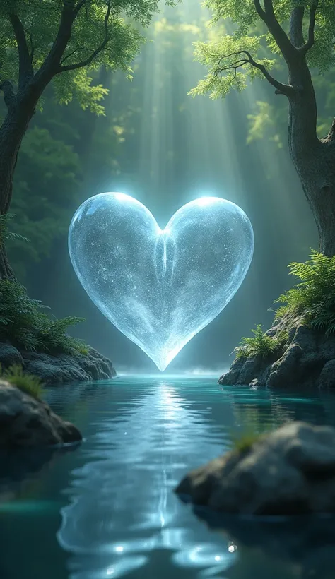  Draw a magical landscape in the middle of a serene forest ,  where a sparkling clear heart floats above the calm surface of the water,  surrounded by rocks and lush greenery . The soft light illuminates the heart ,  creating a stunning reflection effect i...