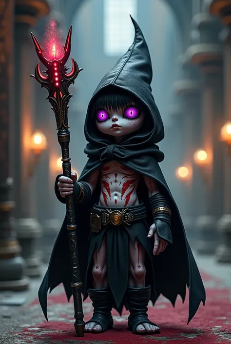 gnome, all black hair, red marks on the body,white pele,purple eyes,has no beard,and thin,Has a black hoodie , fantasy world, has a technological staff , one meter and 40 tall, Castle hall background, appearance of a man ,  appearance of an adult ,  appear...